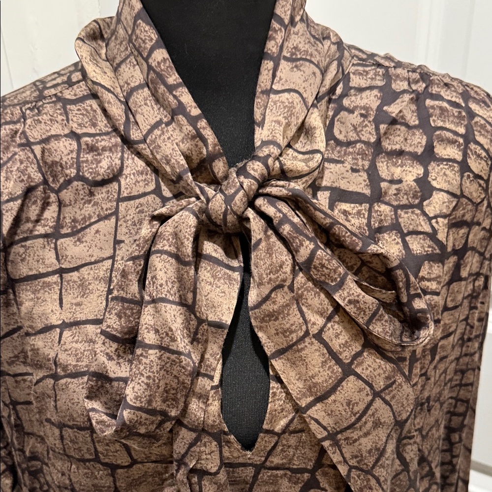 Reiss Brown Patterned Tie-Neck Blouse - Picture 2 of 8